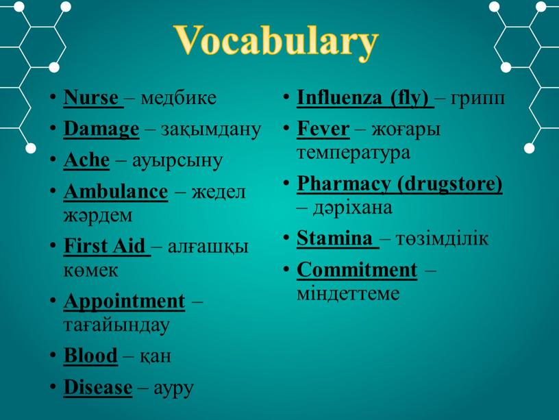 Vocabulary Nurse – медбике Damage – зақымдану
