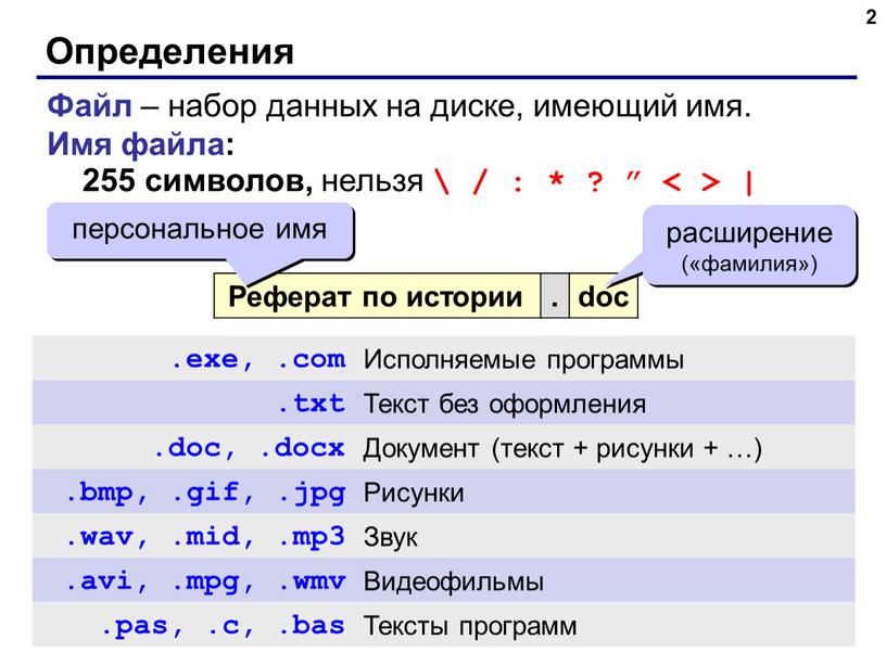 Определения 2 Файл – набор данных на диске, имеющий имя