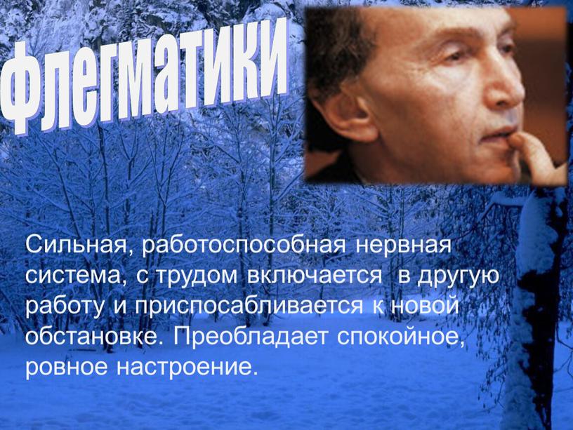 Сильная, работоспособная нервная система, с трудом включается в другую работу и приспосабливается к новой обстановке