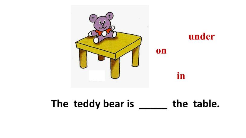 The teddy bear is _____ the table