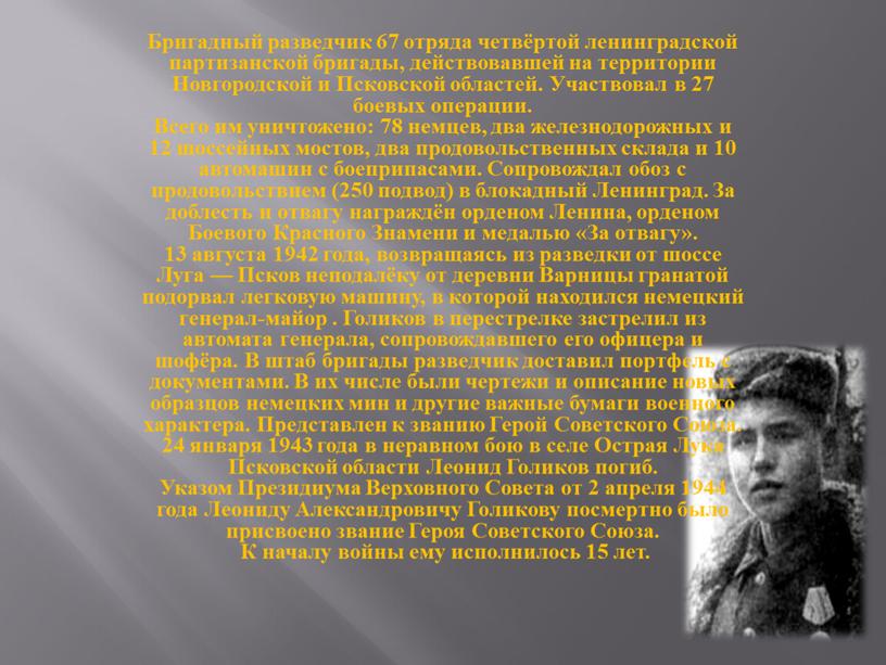 Бригадный разведчик 67 отряда четвёртой ленинградской партизанской бригады, действовавшей на территории