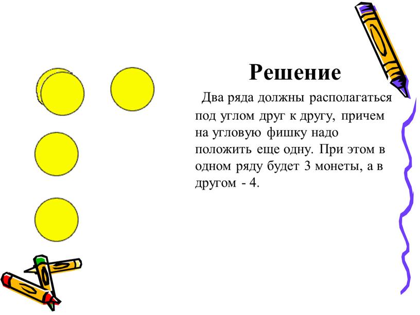 Решение Два ряда должны располагаться под углом друг к другу, причем на угловую фишку надо положить еще одну