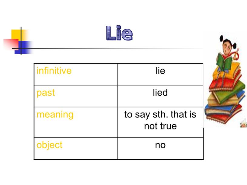infinitive lie past lied meaning to say sth. that is not true object no Lie