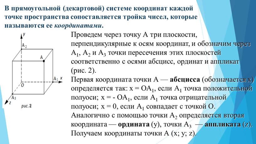 В прямоугольной (декартовой) системе координат каждой точке пространства сопоставляется тройка чисел, которые называются ее координатами