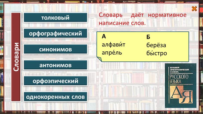 А алфави́т апре́ль толковый орфографический синонимов антонимов орфоэпический однокоренных слов