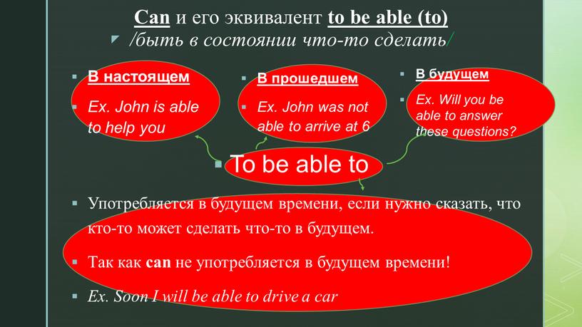 Can и его эквивалент to be able (to) /быть в состоянии что-то сделать/