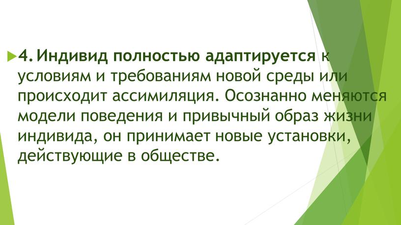 Индивид полностью адаптируется к условиям и требованиям новой среды или происходит ассимиляция