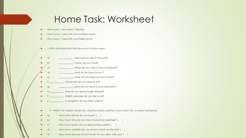 Home Task: Worksheet How much /