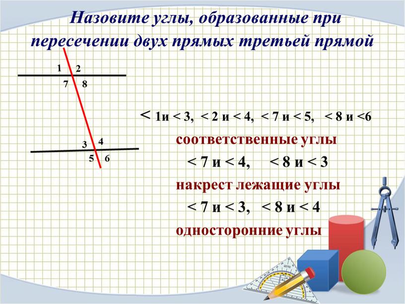 Назовите углы, образованные при пересечении двух прямых третьей прямой < 1и < 3, < 2 и < 4, < 7 и < 5, < 8…