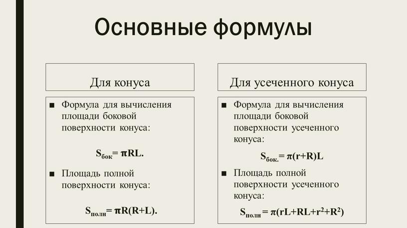 Для конуса Формула для вычисления площади боковой поверхности конуса: