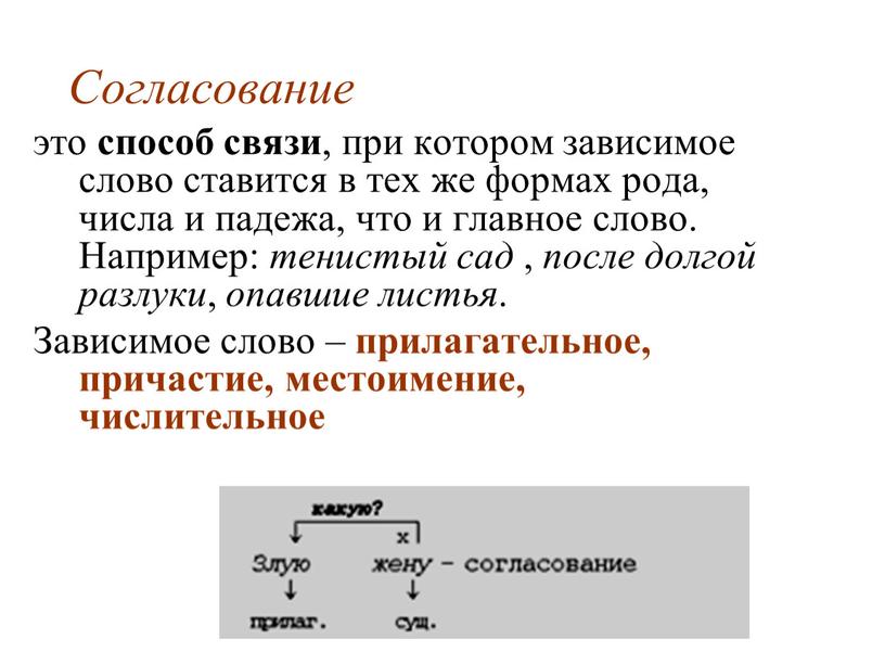 Согласование это способ связи , при котором зависимое слово ставится в тех же формах рода, числа и падежа, что и главное слово