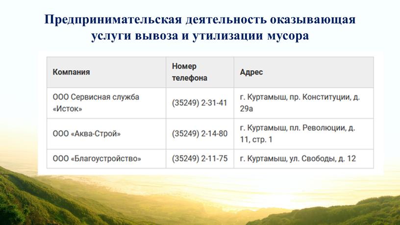Предпринимательская деятельность оказывающая услуги вывоза и утилизации мусора