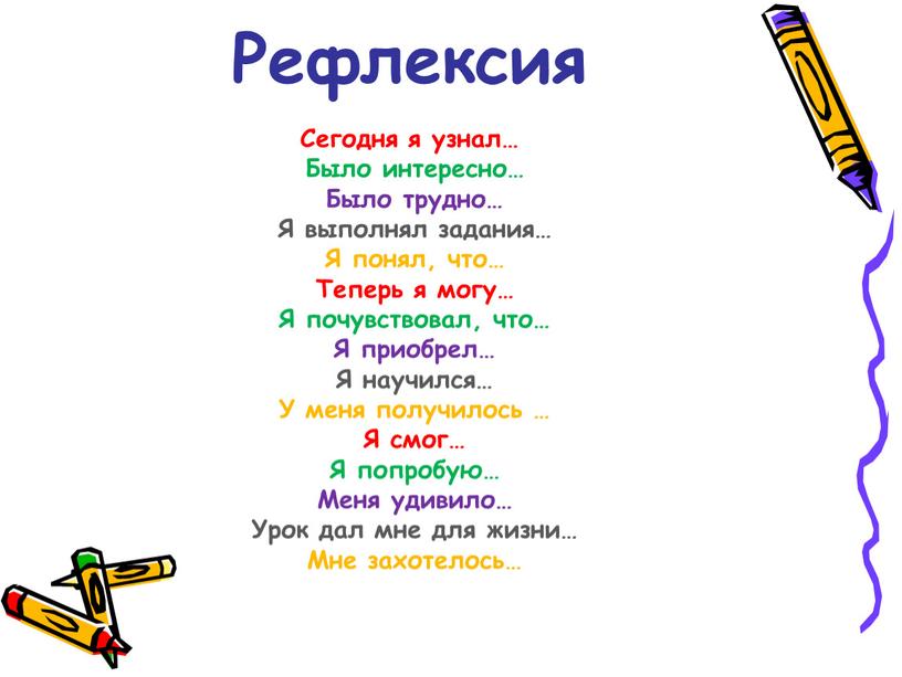 Рефлексия Сегодня я узнал… Было интересно…