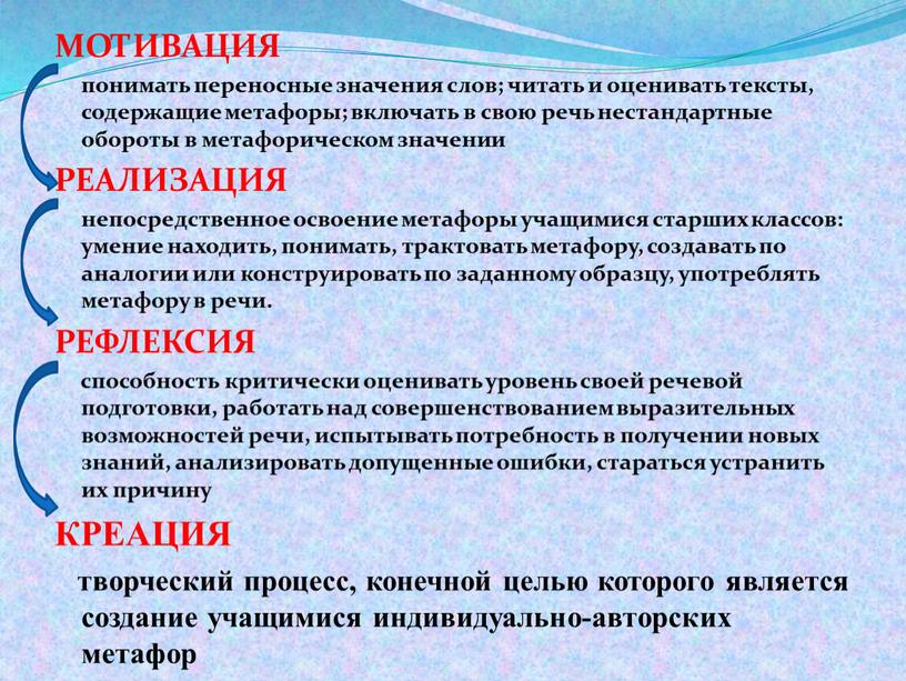 МОТИВАЦИЯ понимать переносные значения слов; читать и оценивать тексты, содержащие метафоры; включать в свою речь нестандартные обороты в метафорическом значении