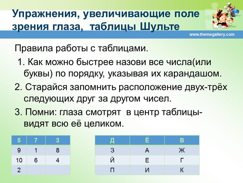 Упражнения, увеличивающие поле зрения глаза, таблицы