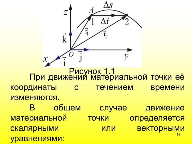 Рисунок 1.1 При движении материальной точки её координаты с течением времени изменяются