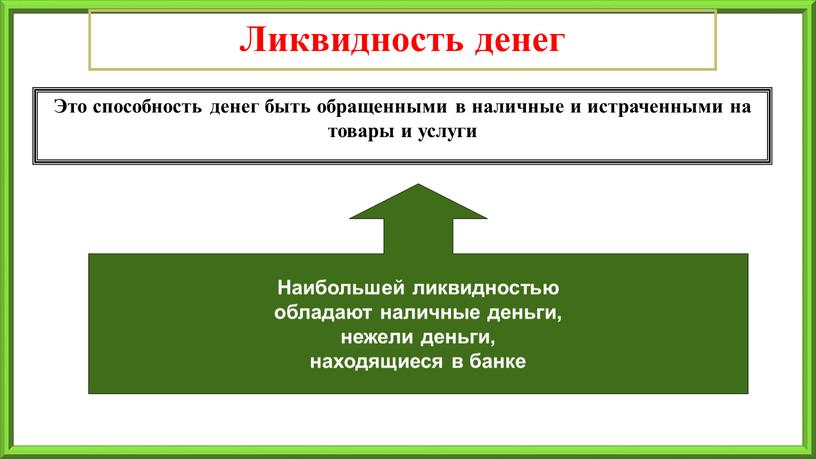 Ликвидность денег Это способность денег быть обращенными в наличные и истраченными на товары и услуги