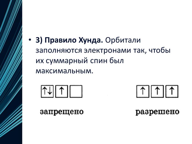 Правило Хунда. Орбитали заполняются электронами так, чтобы их суммарный спин был максимальным