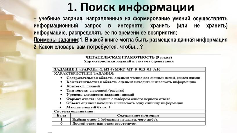 Поиск информации – учебные задания, направленные на формирование умений осуществлять информационный запрос в интернете, хранить (или не хранить) информацию, распределять ее по времени ее восприятия;