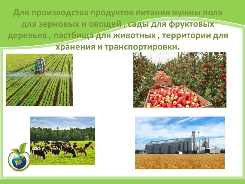 Для производства продуктов питания нужны поля для зерновых и овощей , сады для фруктовых деревьев , пастбища для животных , территории для хранения и транспортировки