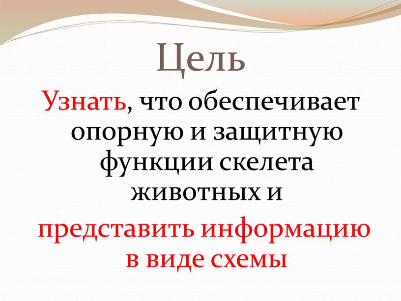 Цель Узнать, что обеспечивает опорную и защитную функции скелета животных и представить информацию в виде схемы