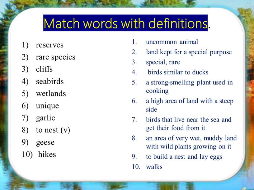 Match words with definitions. reserves rare species cliffs seabirds wetlands unique garlic to nest (v) geese hikes uncommon animal land kept for a special purpose…