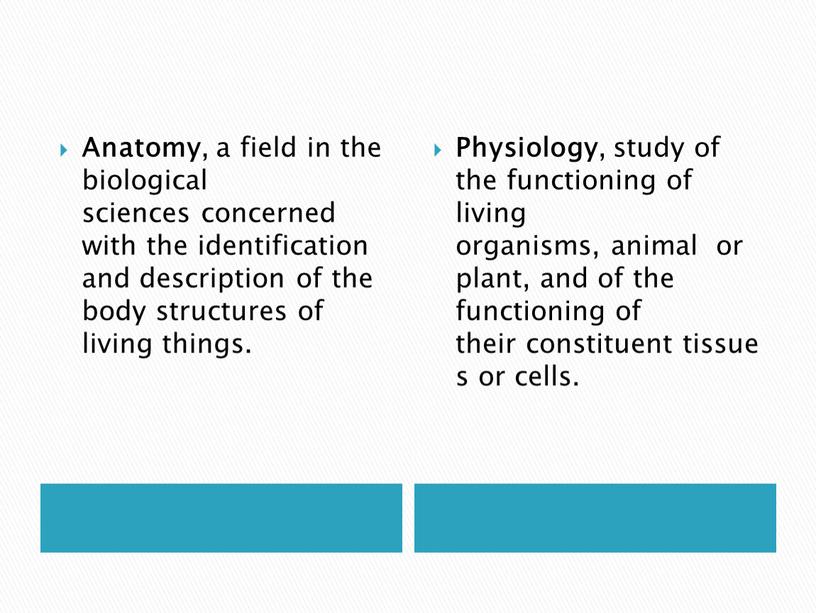 Anatomy , a field in the biological sciences concerned with the identification and description of the body structures of living things