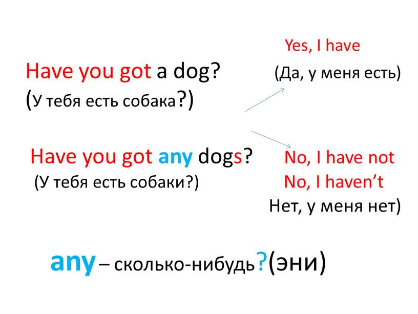 Yes, I have Have you got a dog? (Да, у меня есть) (У тебя есть собака?)