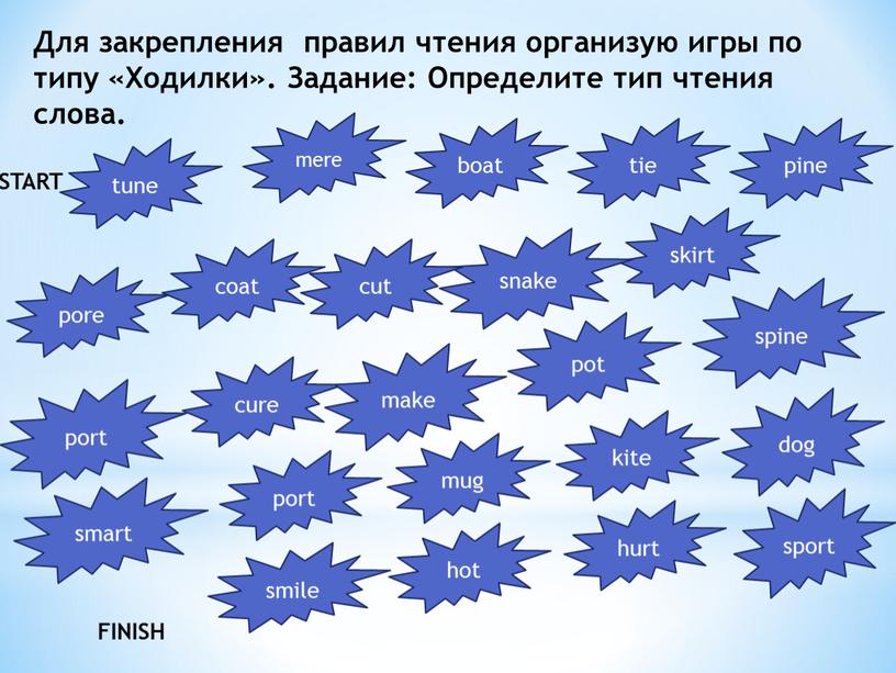 Для закрепления правил чтения организую игры по типу «Ходилки»