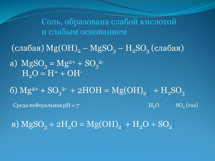 Соль, образована слабой кислотой и слабым основанием (слабая)