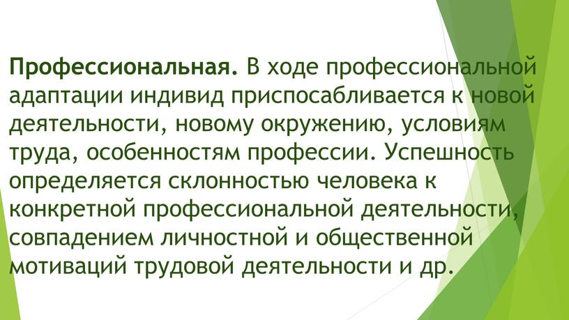 Профессиональная. В ходе профессиональной адаптации индивид приспосабливается к новой деятельности, новому окружению, условиям труда, особенностям профессии