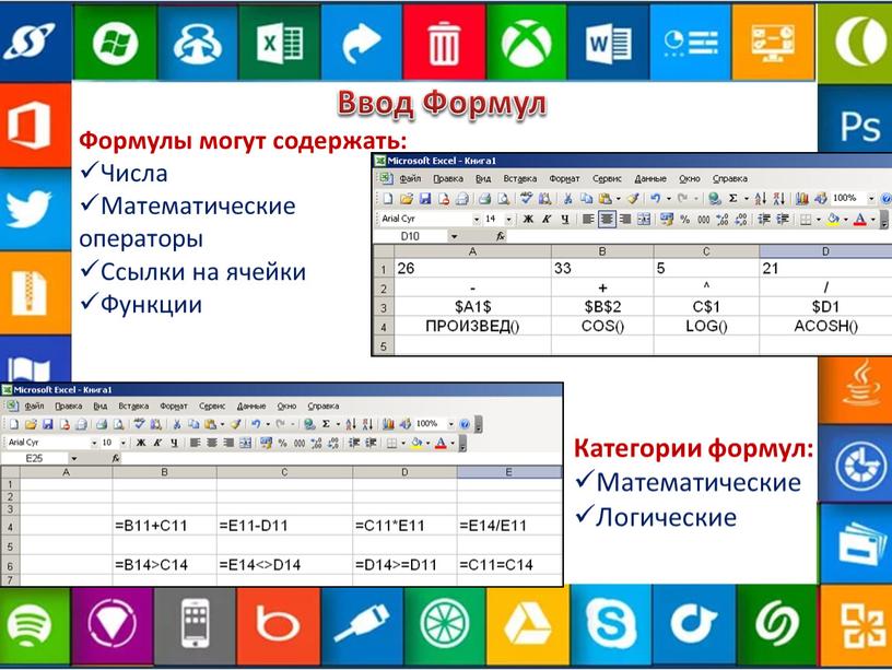 Ввод Формул Формулы могут содержать: