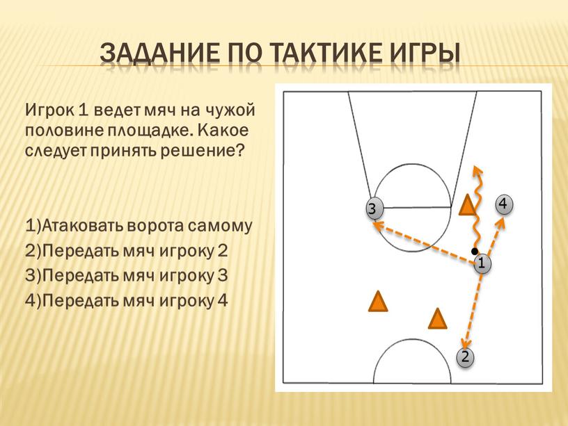 Задание по тактике игры Игрок 1 ведет мяч на чужой половине площадке