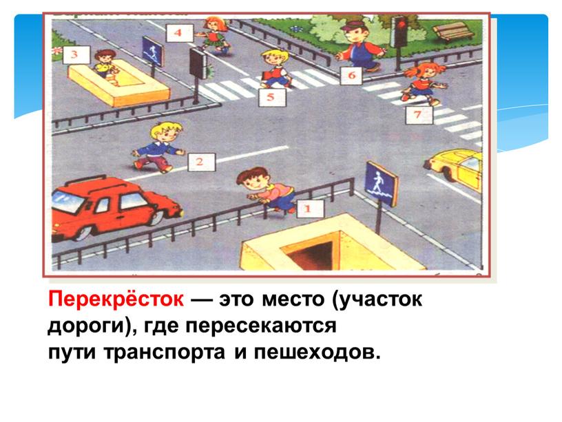 Перекрёсток — это место (участок дороги), где пересекаются пути транспорта и пешеходов