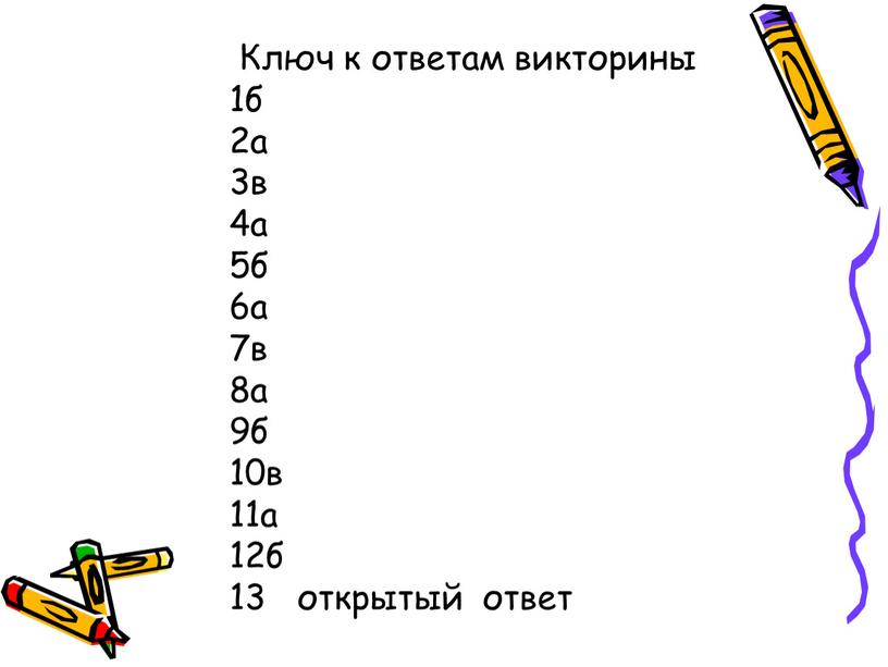 Ключ к ответам викторины 1б 2а 3в 4а 5б 6а 7в 8а 9б 10в 11а 12б 13 открытый ответ