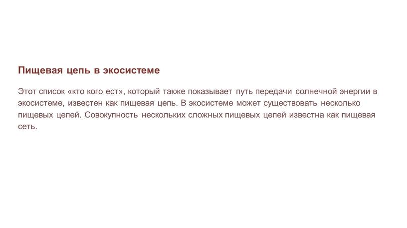 Пищевая цепь в экосистеме Этот список «кто кого ест», который также показывает путь передачи солнечной энергии в экосистеме, известен как пищевая цепь