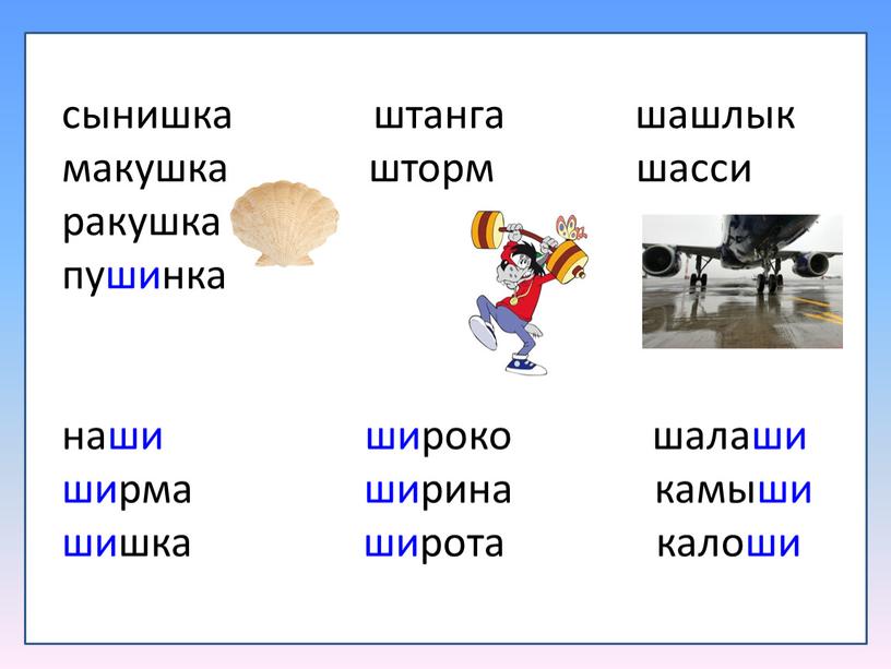 сынишка штанга шашлык макушка шторм шасси ракушка пушинка наши широко шалаши ширма ширина камыши шишка широта калоши