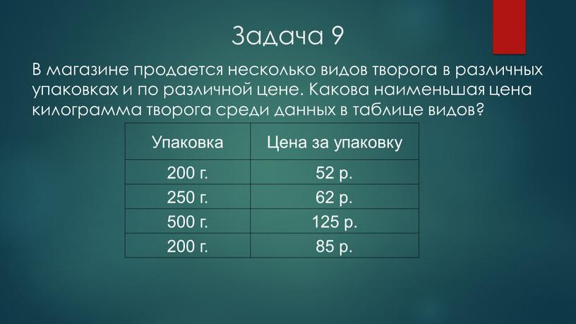 Задача 9 Упаковка Цена за упаковку 200 г