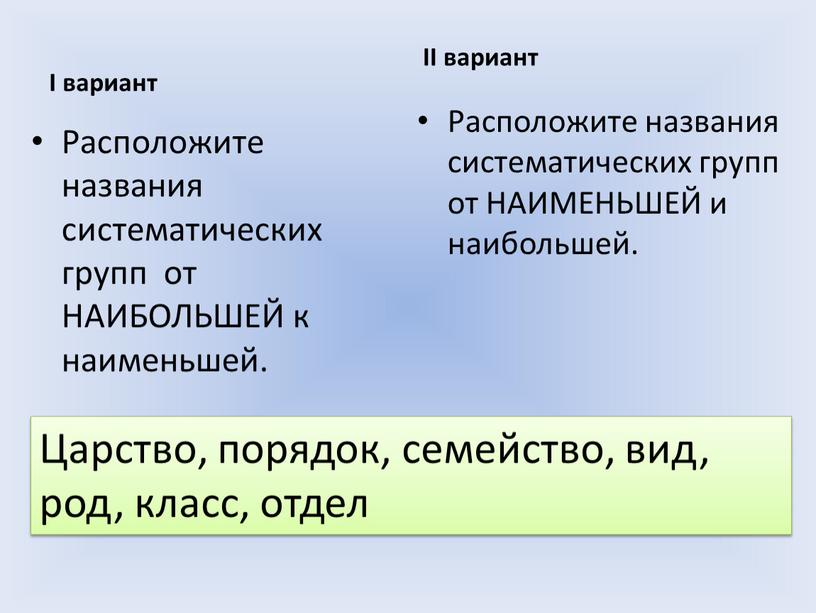 I вариант II вариант Расположите названия систематических групп от