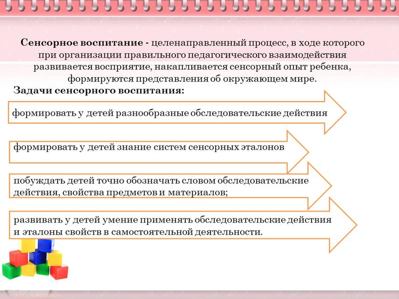 Сенсорное воспитание - целенаправленный процесс, в ходе которого при организации правильного педагогического взаимодействия развивается восприятие, накапливается сенсорный опыт ребенка, формируются представления об окружающем мире