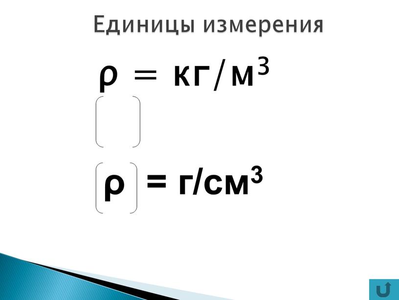 ρ = кг/м3 Единицы измерения ρ = г/см3