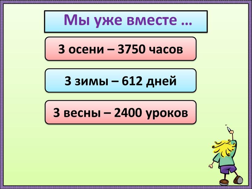 Мы уже вместе … 3 осени – 3750 часов 3 зимы – 612 дней 3 весны – 2400 уроков