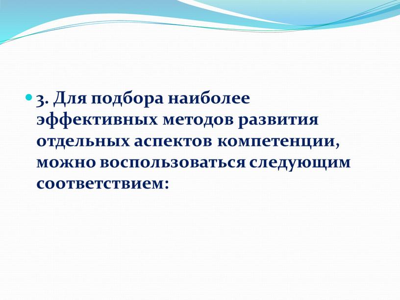 Для подбора наиболее эффективных методов развития отдельных аспектов компетенции, можно воспользоваться следующим соответствием: