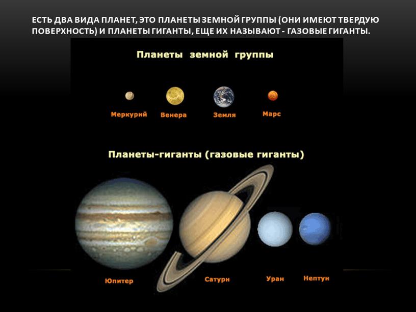 Есть два вида планет, это планеты земной группы (ОНИ