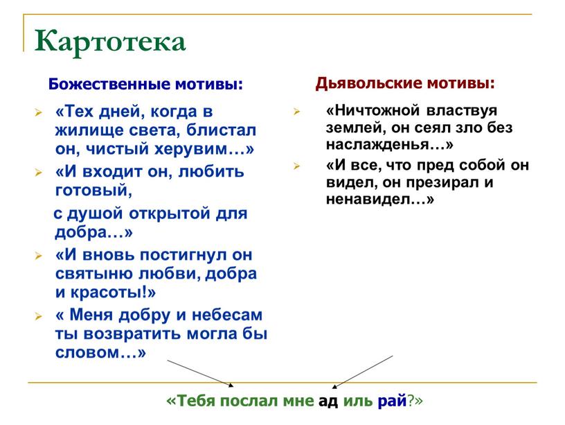 Картотека «Тех дней, когда в жилище света, блистал он, чистый херувим…» «И входит он, любить готовый, с душой открытой для добра…» «И вновь постигнул он…