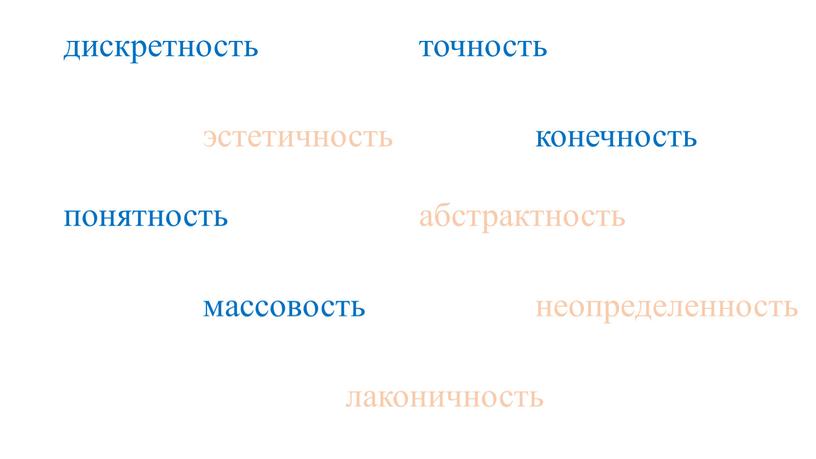 дискретность эстетичность абстрактность точность понятность конечность массовость неопределенность лаконичность