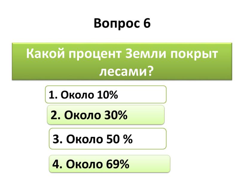 Вопрос 6 Какой процент Земли покрыт лесами? 1