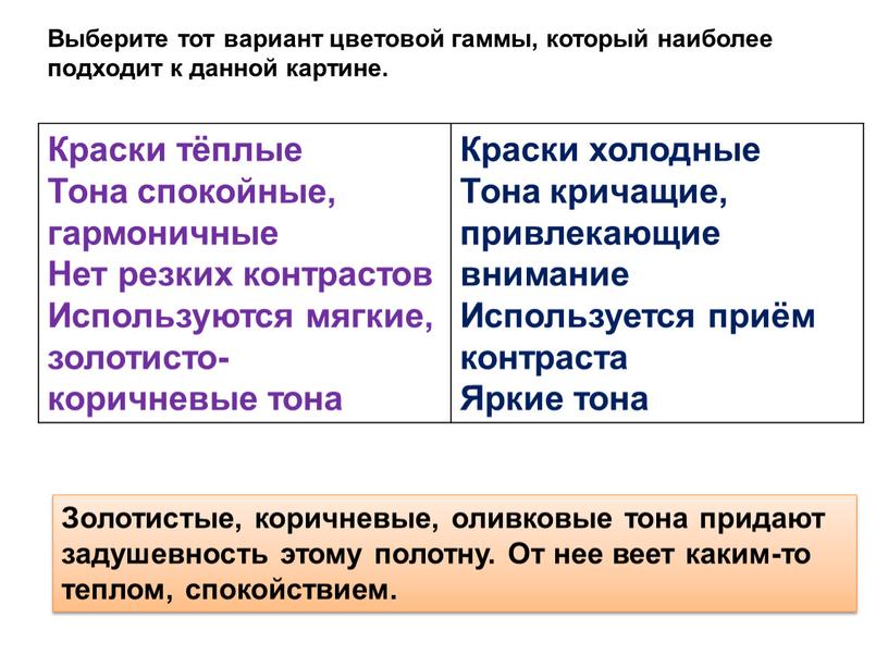 Золотистые, коричневые, оливковые тона придают задушевность этому полотну