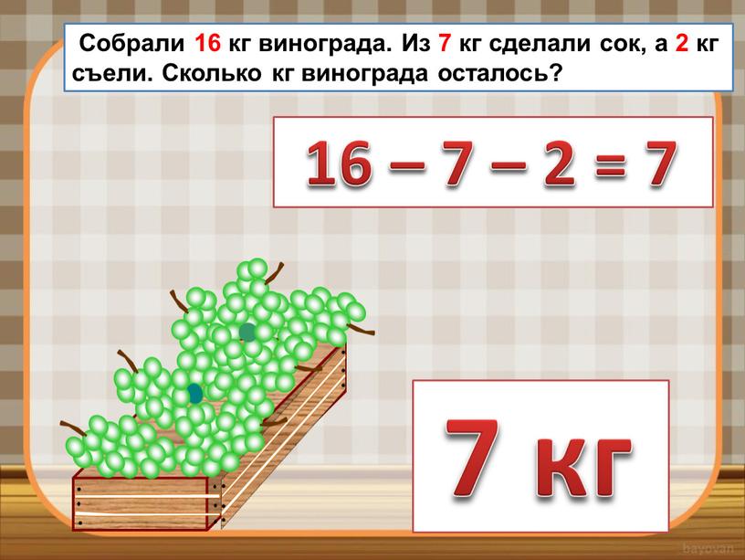 Собрали 16 кг винограда. Из 7 кг сделали сок, а 2 кг съели