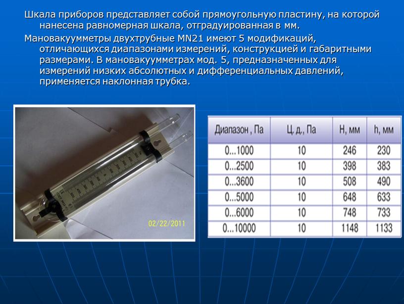 Шкала приборов представляет собой прямоугольную пластину, на которой нанесена равномерная шкала, отградуированная в мм